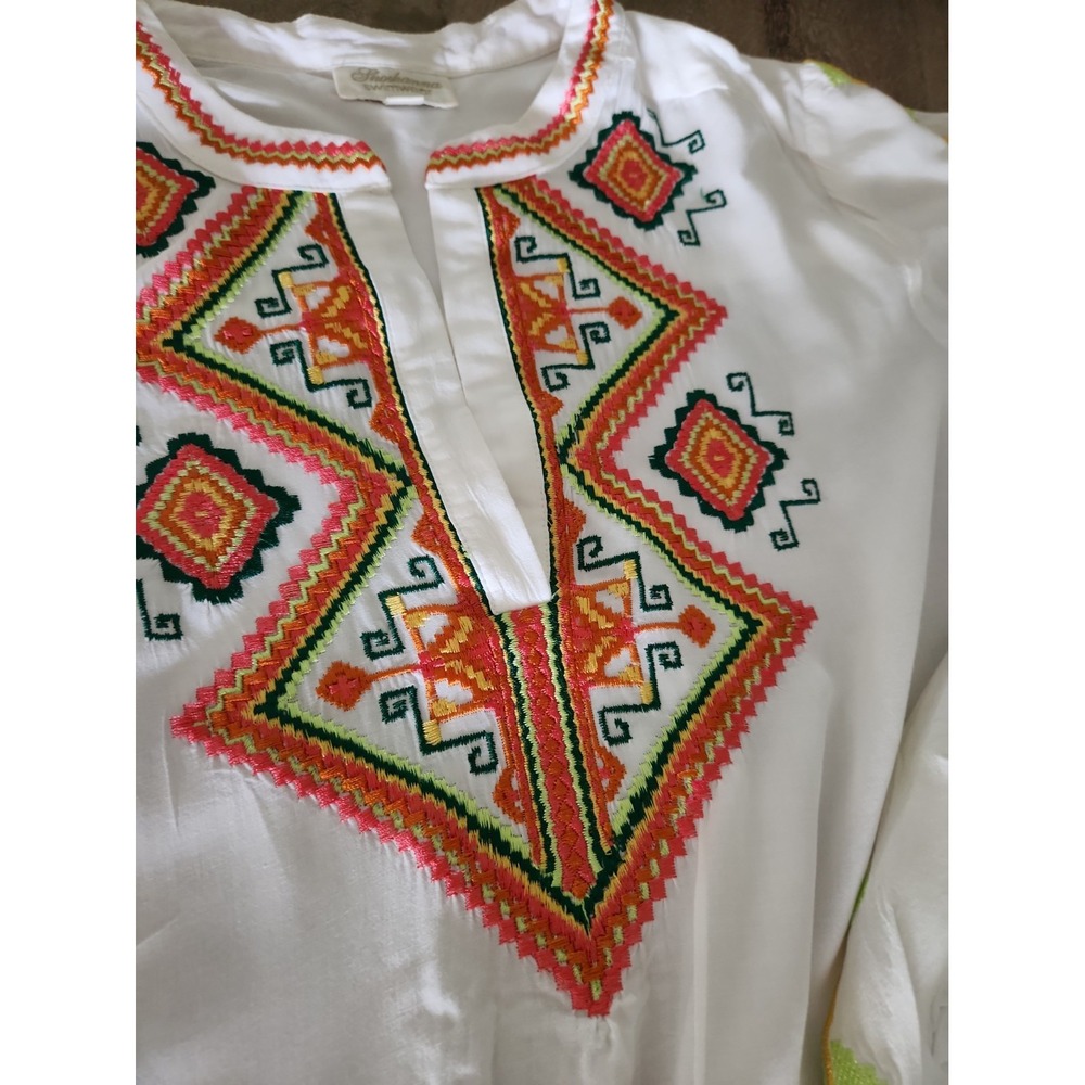 Shoshanna Bikini Swimsuit Cover Up Tunic Dress Embroidered White 3/4 Slvs SMALL